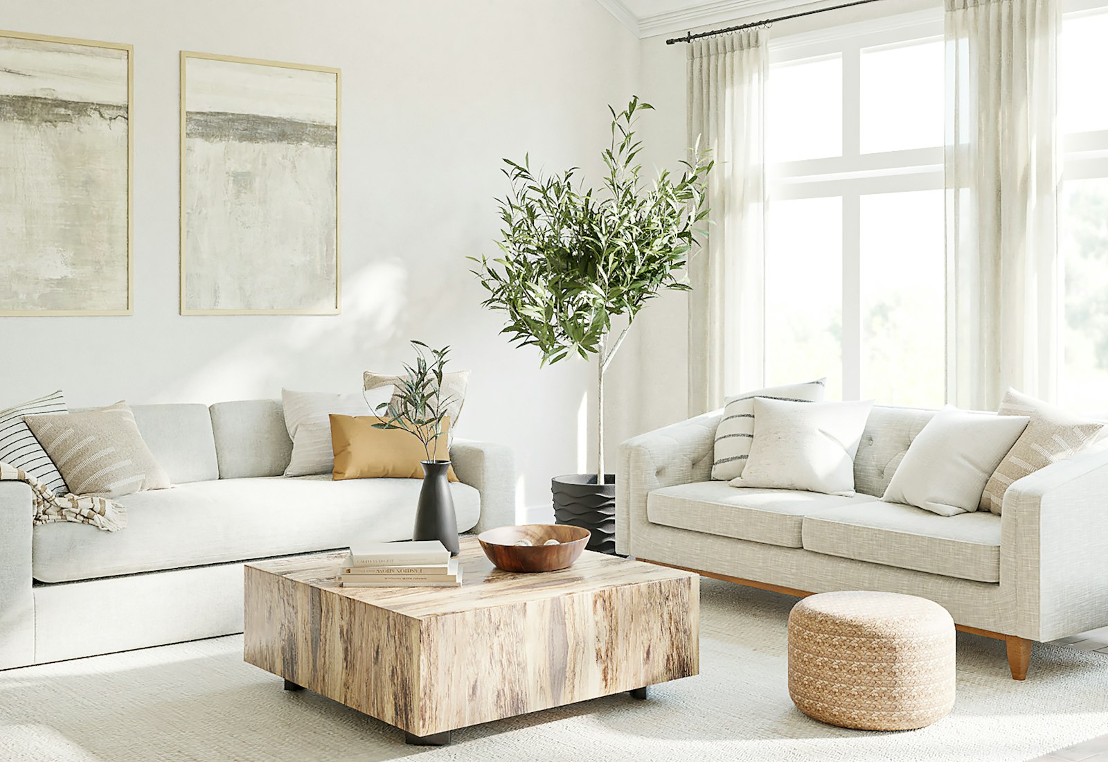 Lichte woonkamer met linnen banken en een houten salontafel